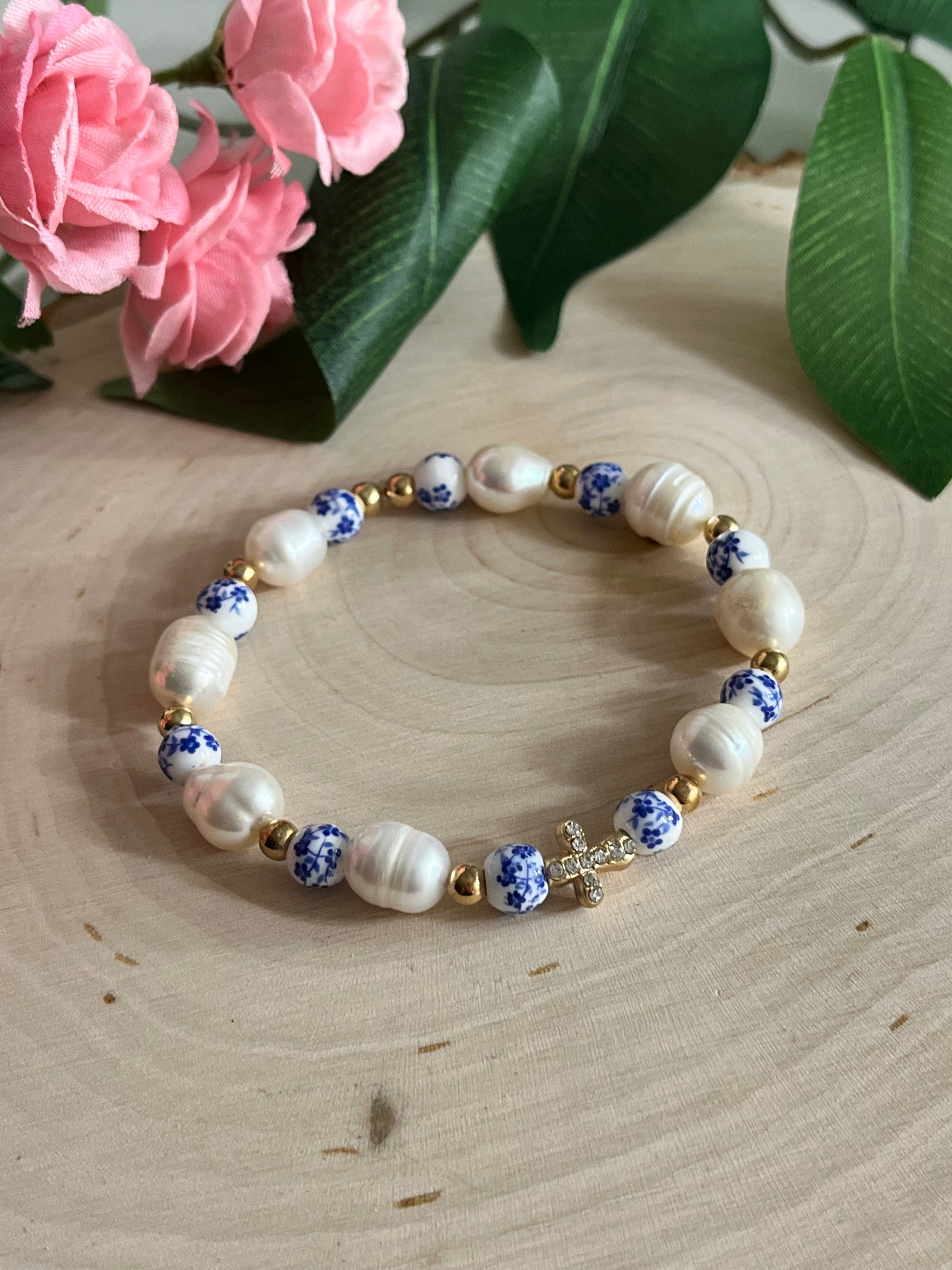 Floral Pearl Cross Bracelet with Gold Charm – Christian Jewelry