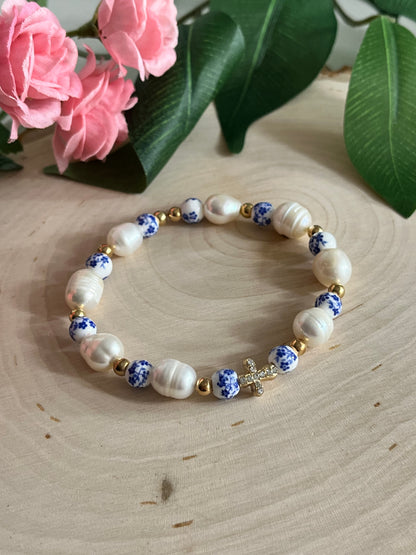 Floral Pearl Cross Bracelet with Gold Charm – Christian Jewelry