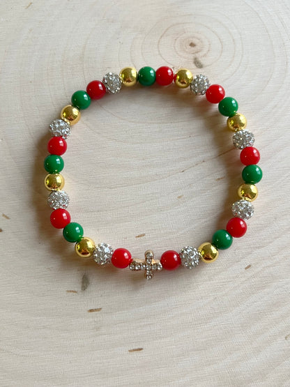 Noel Christmas Cross Bead Bracelet – Faith-Inspired Handmade Jewelry Gift for Christian Women, Holiday Red and Gold Beaded Design