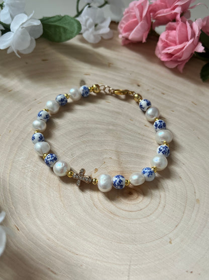 Floral Pearl Cross Bracelet – Christian Jewelry for Women