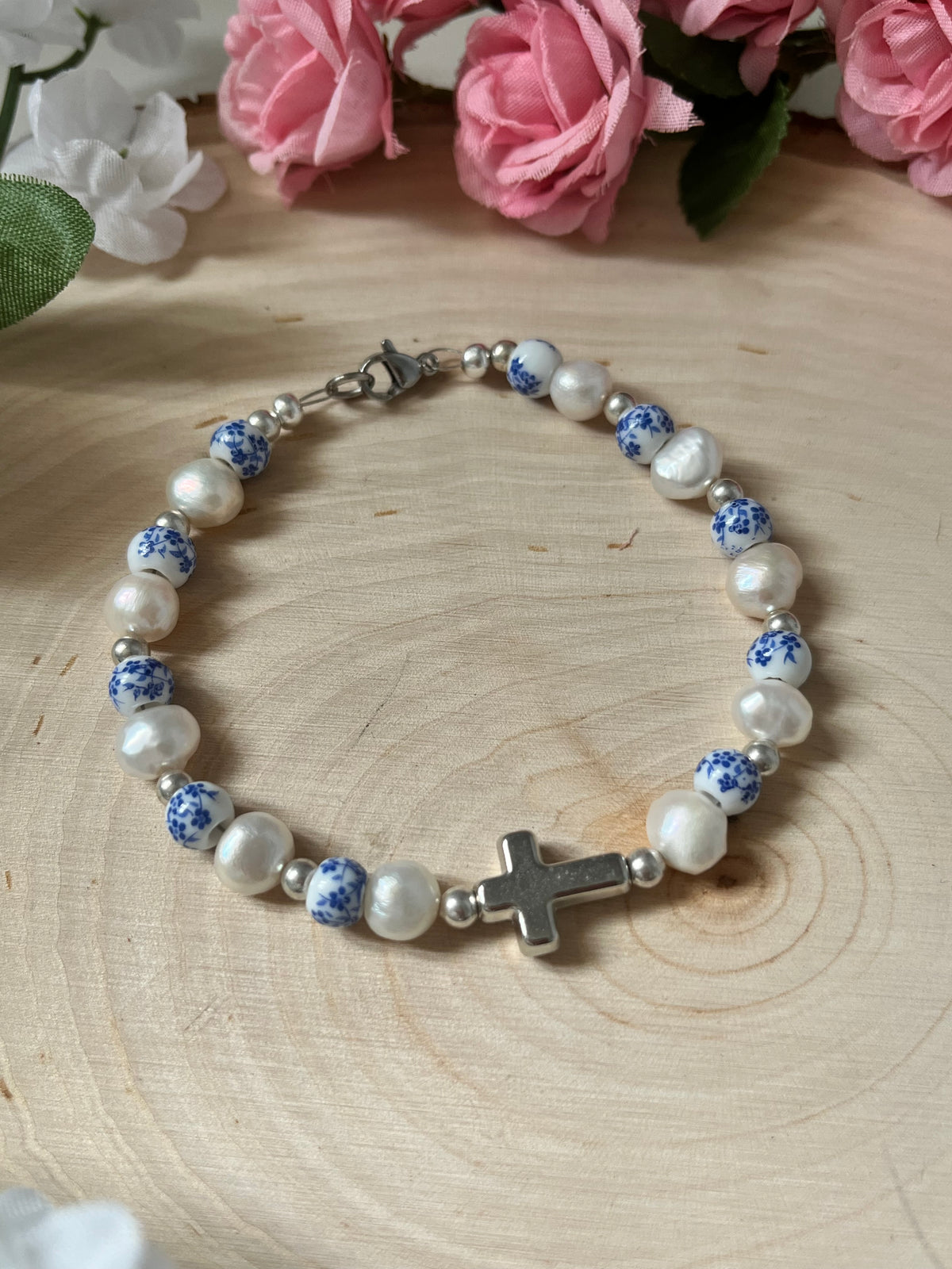 Floral Pearl Cross Bracelet – Christian Jewelry for Women