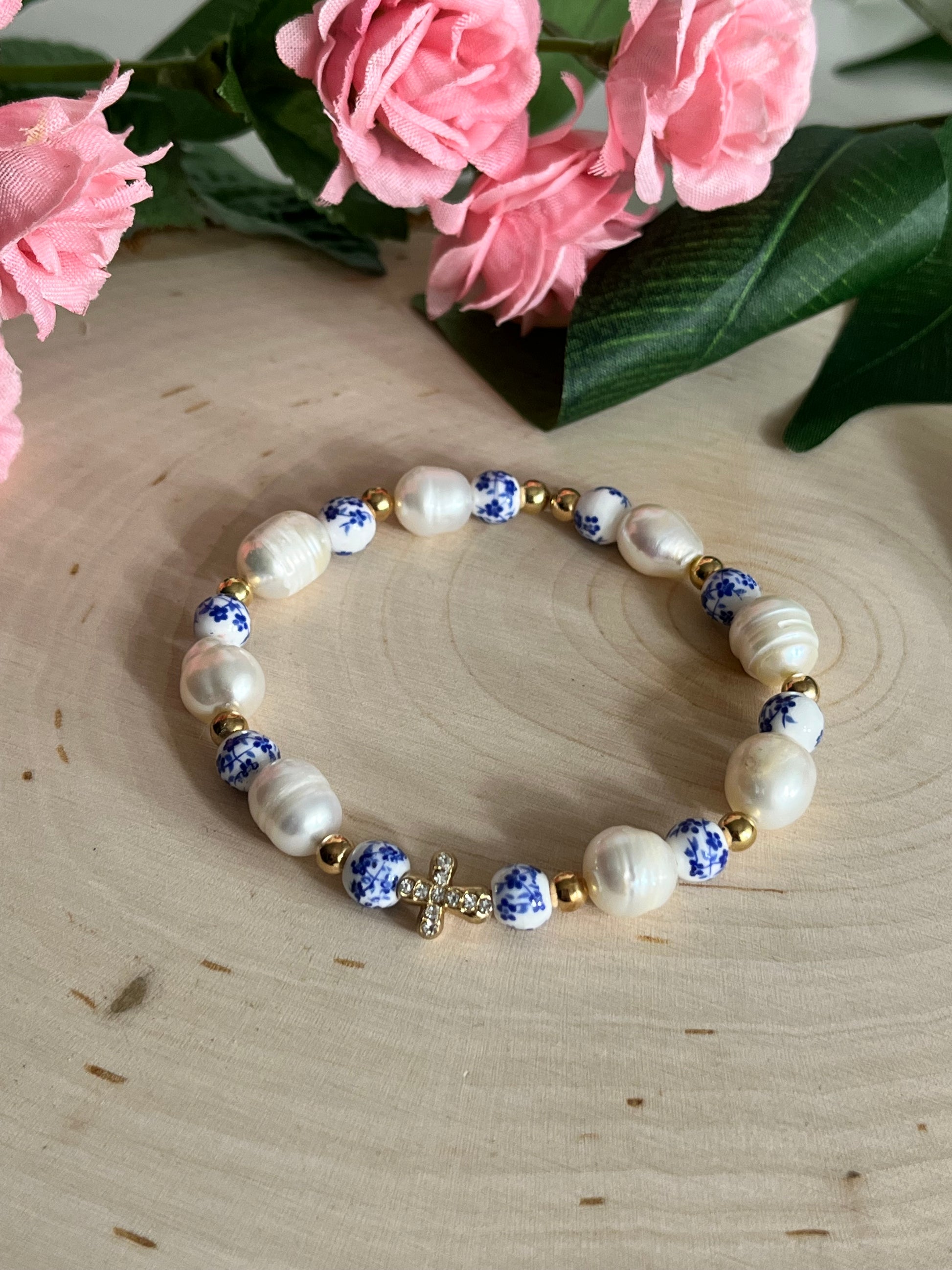Floral Pearl Cross Bracelet with Gold Charm – Christian Jewelry
