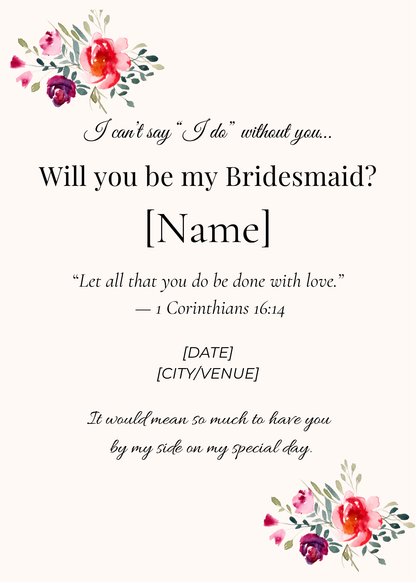 Christian bridesmaid proposal card template with floral design and Bible verse editable in Canva
