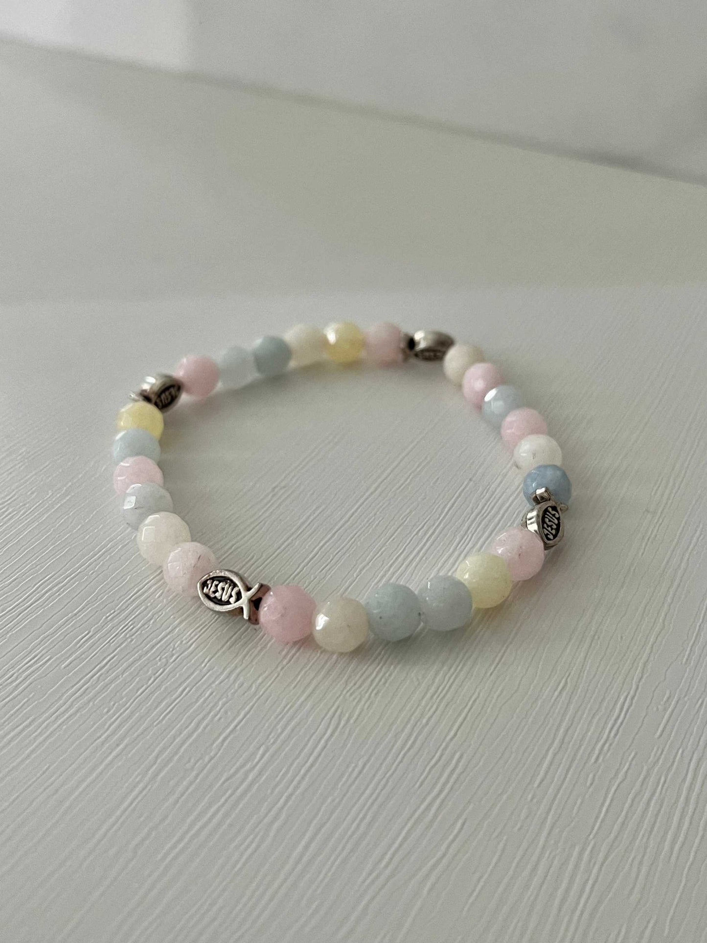 Handmade multicolor bead bracelet, unique Christian faith jewelry.