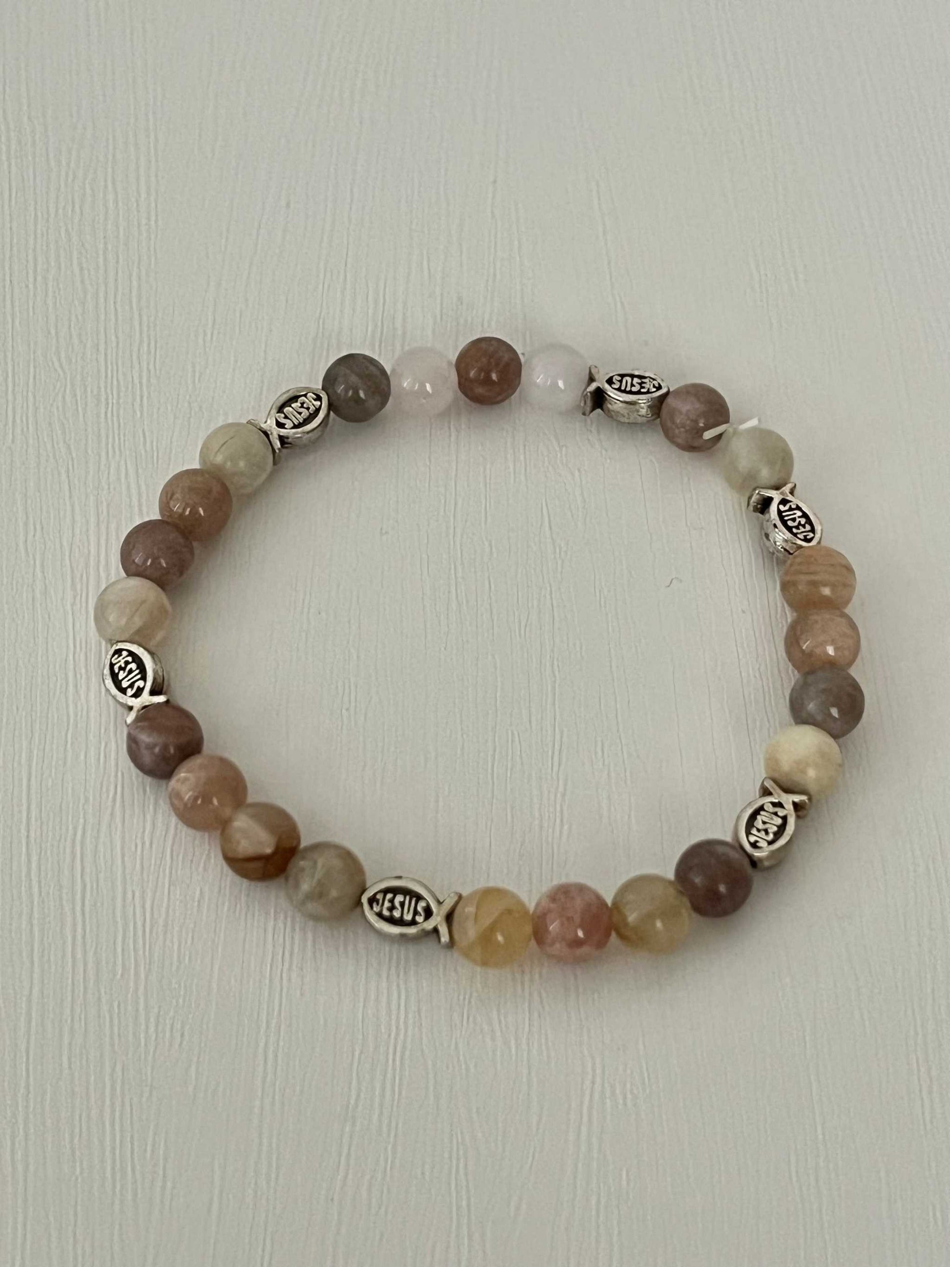 Beige Rose Bead Bracelet with Jesus Fish charm – faith jewelry.

