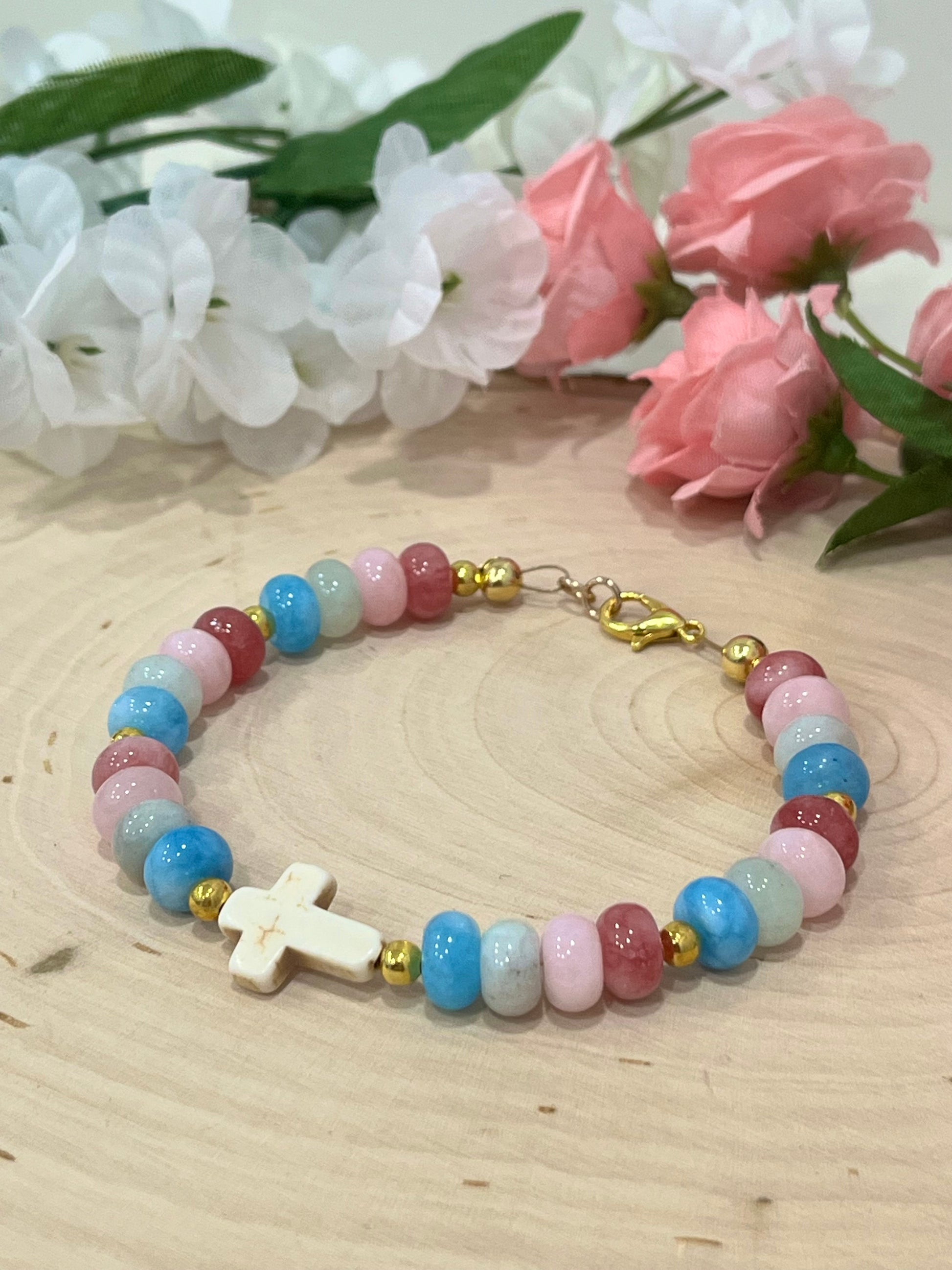 Fruit of the Spirit Cross Bracelet with stone beads and gold accents