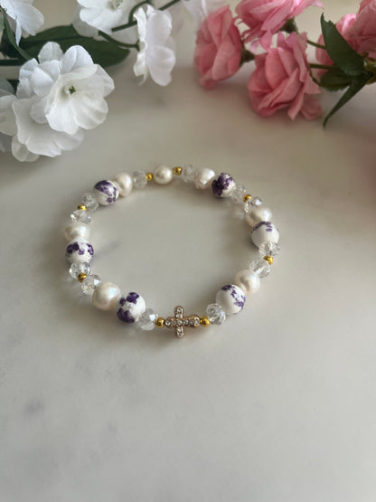 Freshwater pearl floral cross bracelet with gold cross charm and floral beads