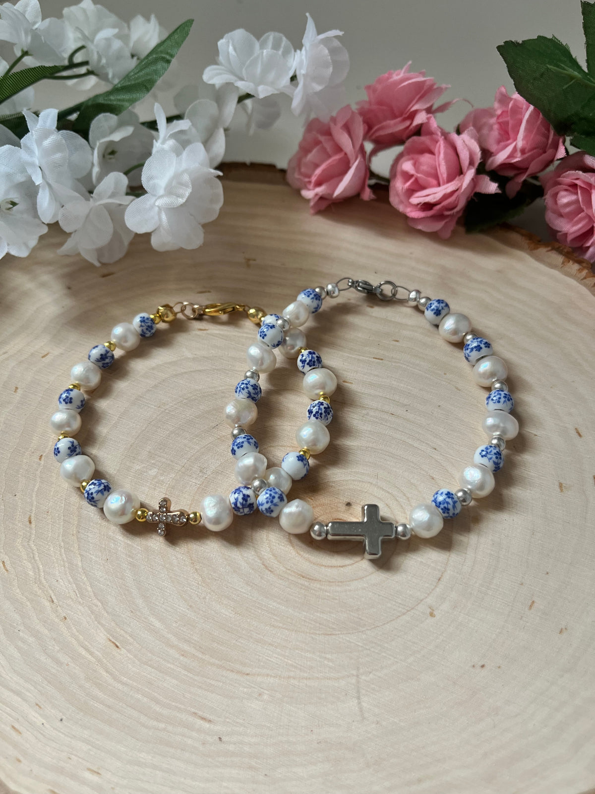 Floral Pearl Cross Bracelet – Christian Jewelry for Women