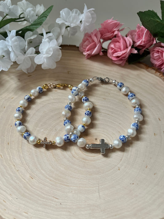 Floral Pearl Cross Bracelet – Christian Jewelry for Women