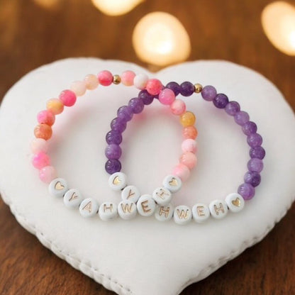 Bracelet en pierre de marbre multicolore rose ou violet YAHWEH