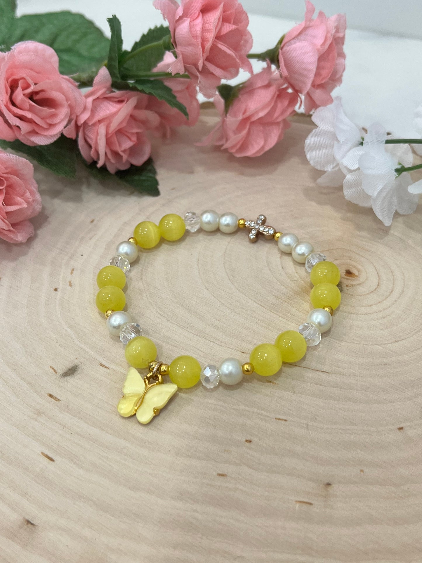 Christian Butterfly Cross Pearl Bead Bracelet for Women