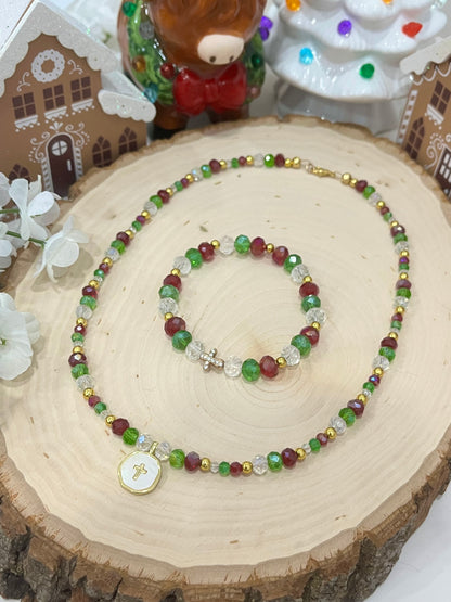 Christmas cross necklace and bracelet set with gold cross charms