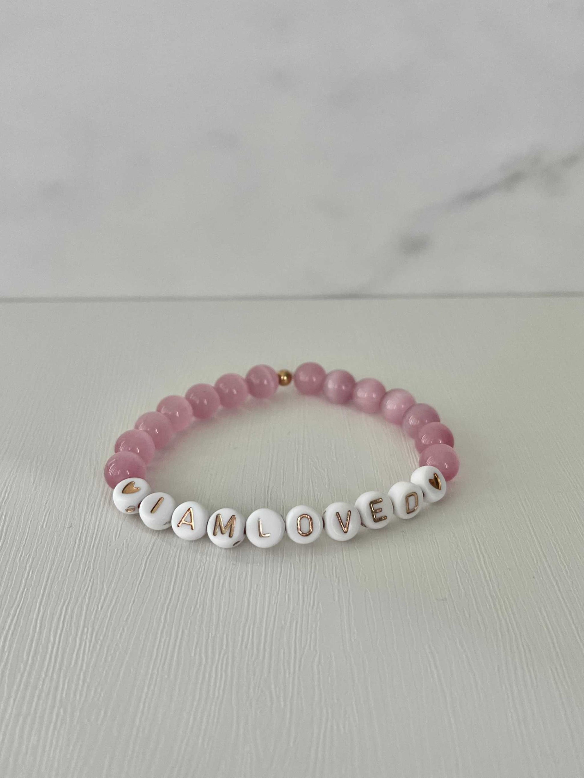 Pink opal and white faceted bead bracelet, I AM LOVED faith jewelry.
