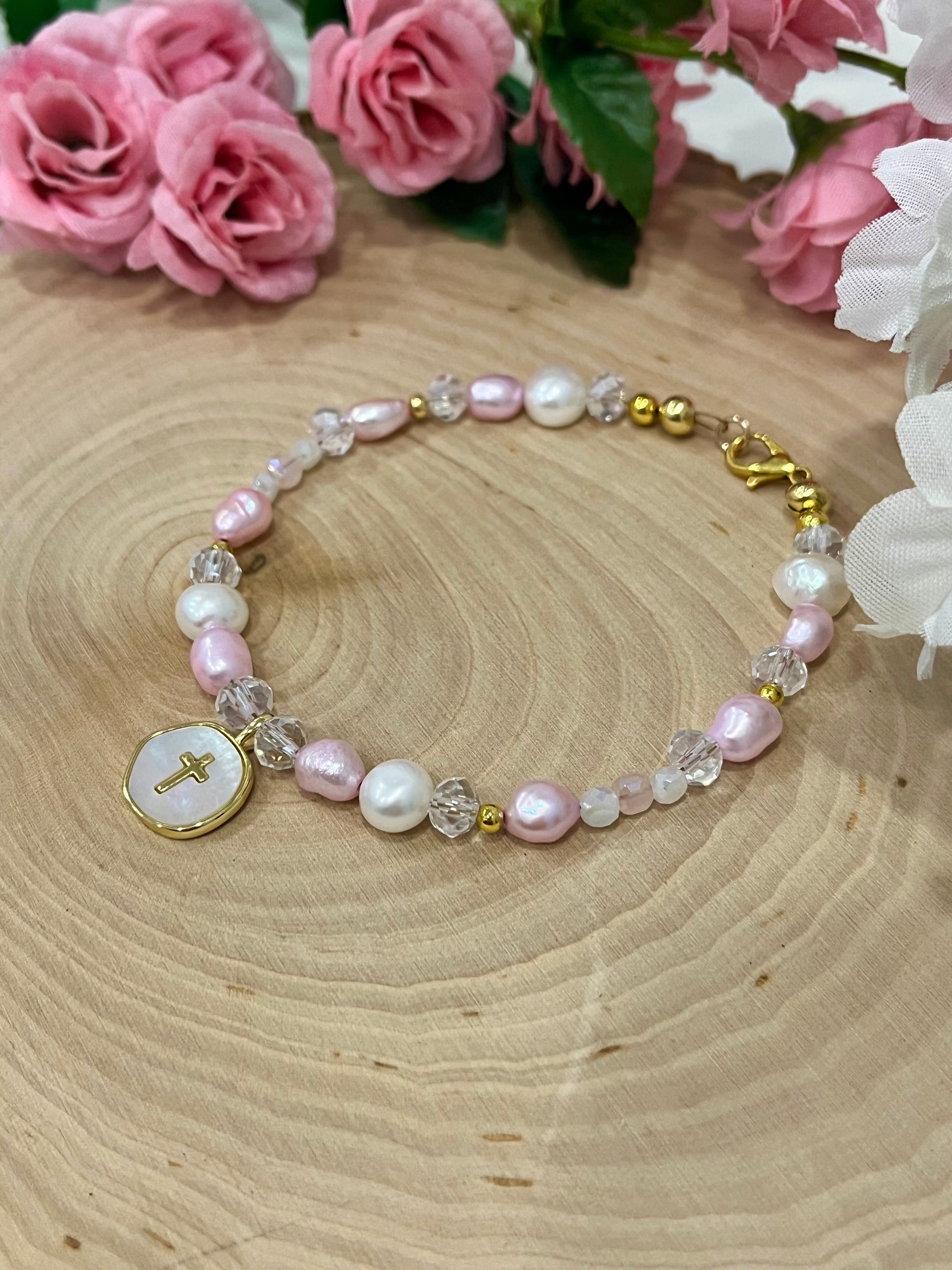 Pink white pearl gold cross bead bracelet Christian jewelry for women