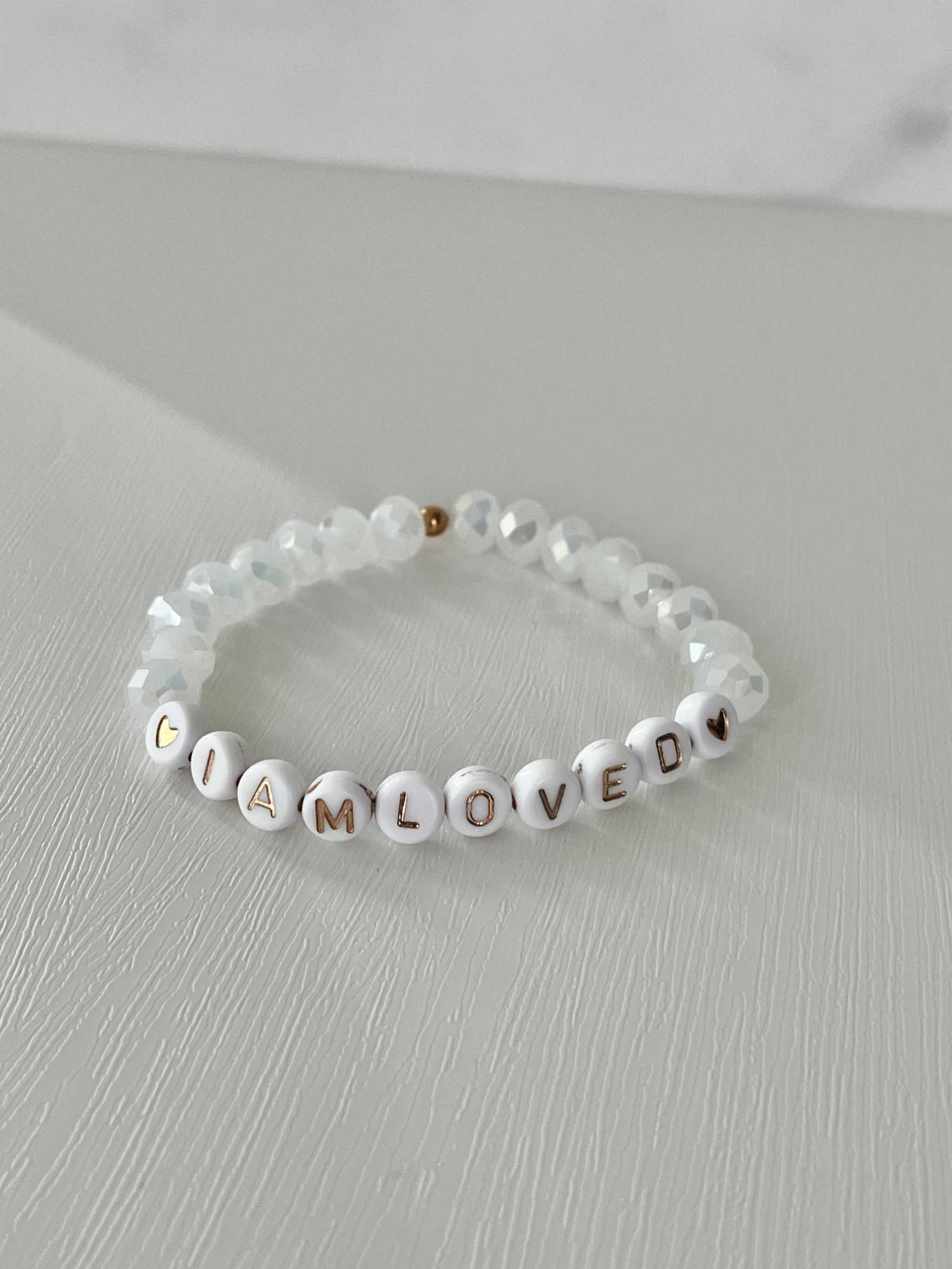 Pink opal and white faceted bead bracelet, I AM LOVED faith jewelry.