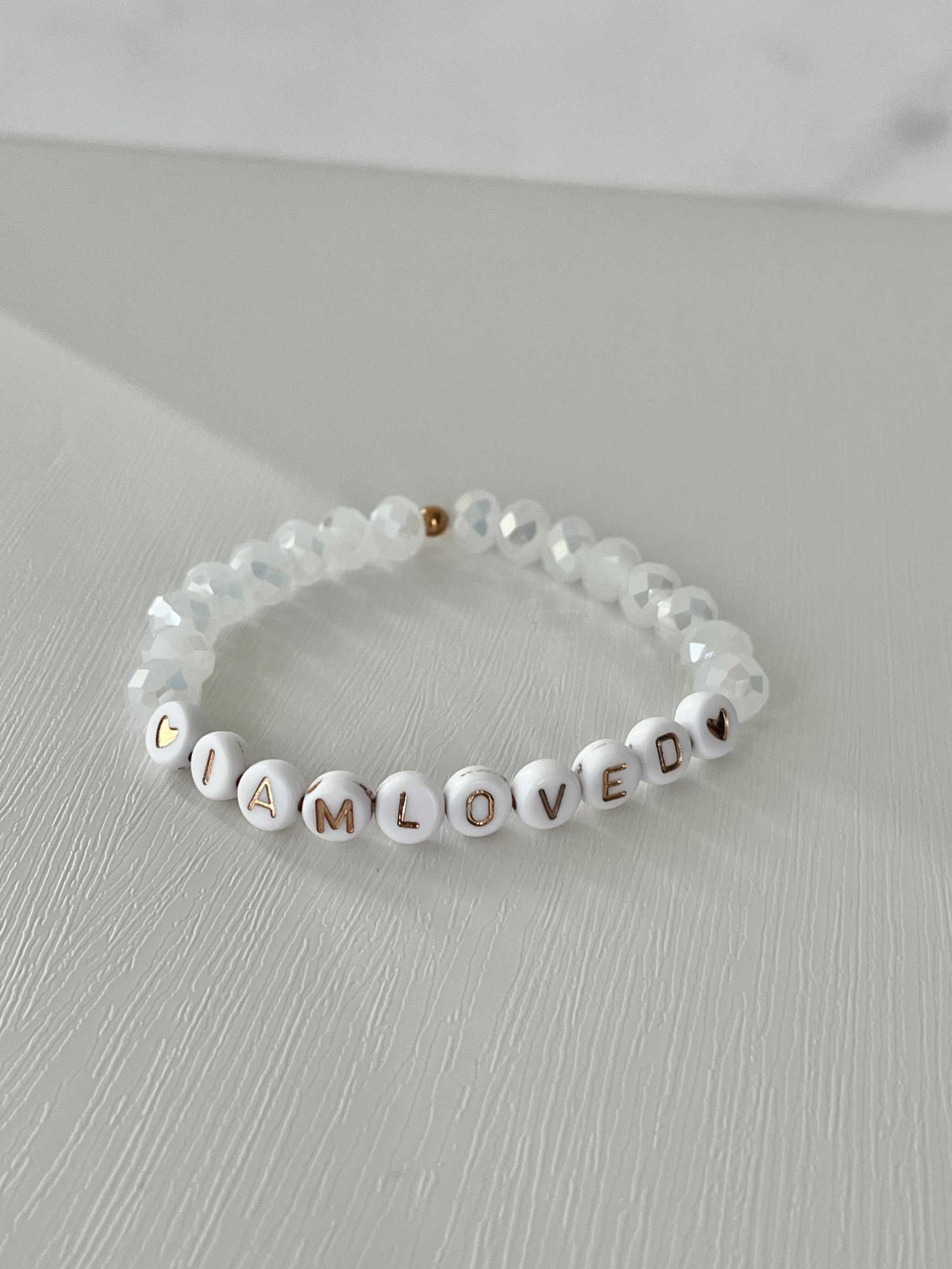 Pink opal and white faceted bead bracelet, I AM LOVED faith jewelry.