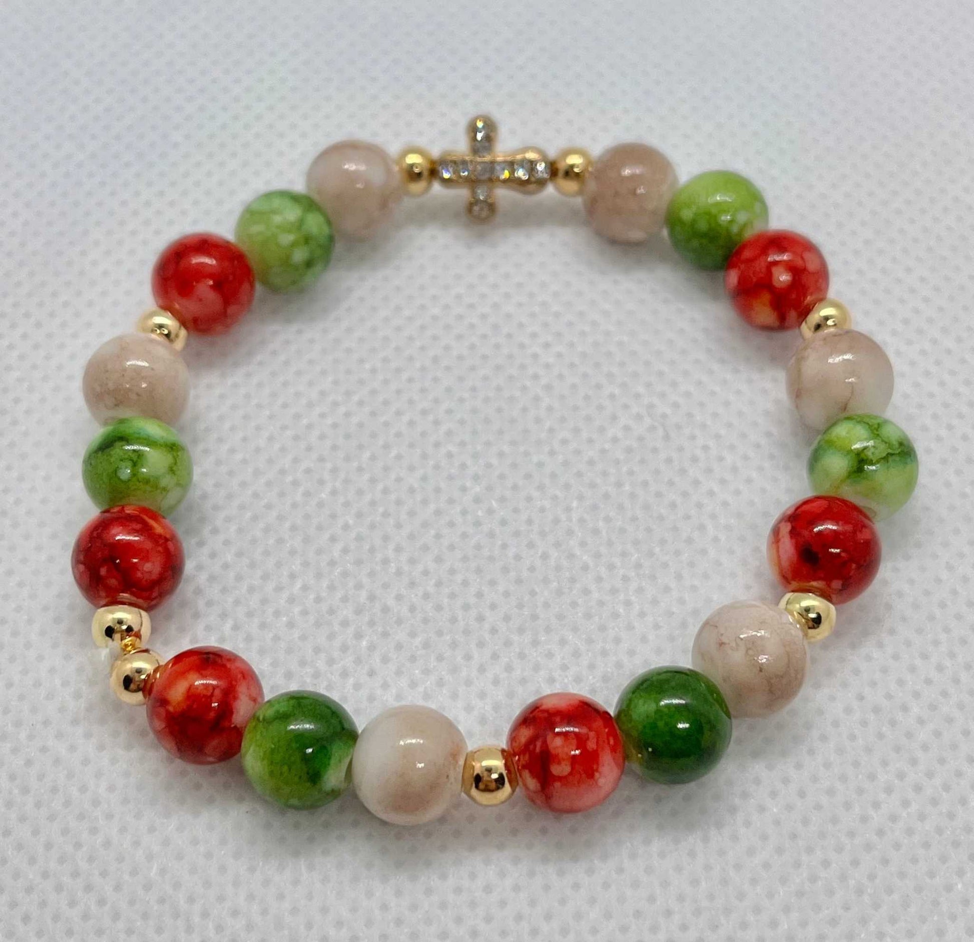 Jeweled Christmas Gold Cross bead bracelet – festive Christian holiday jewelry.

