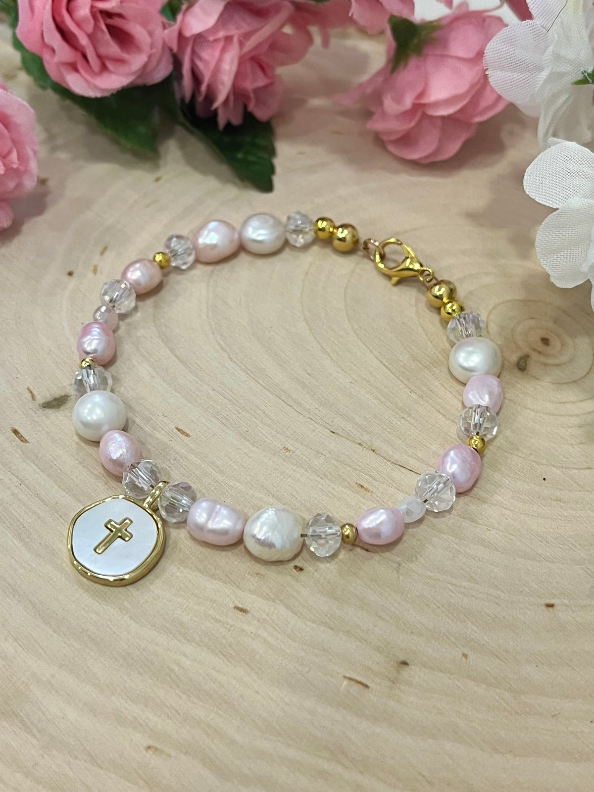 Pink white pearl gold cross bead bracelet Christian jewelry for women