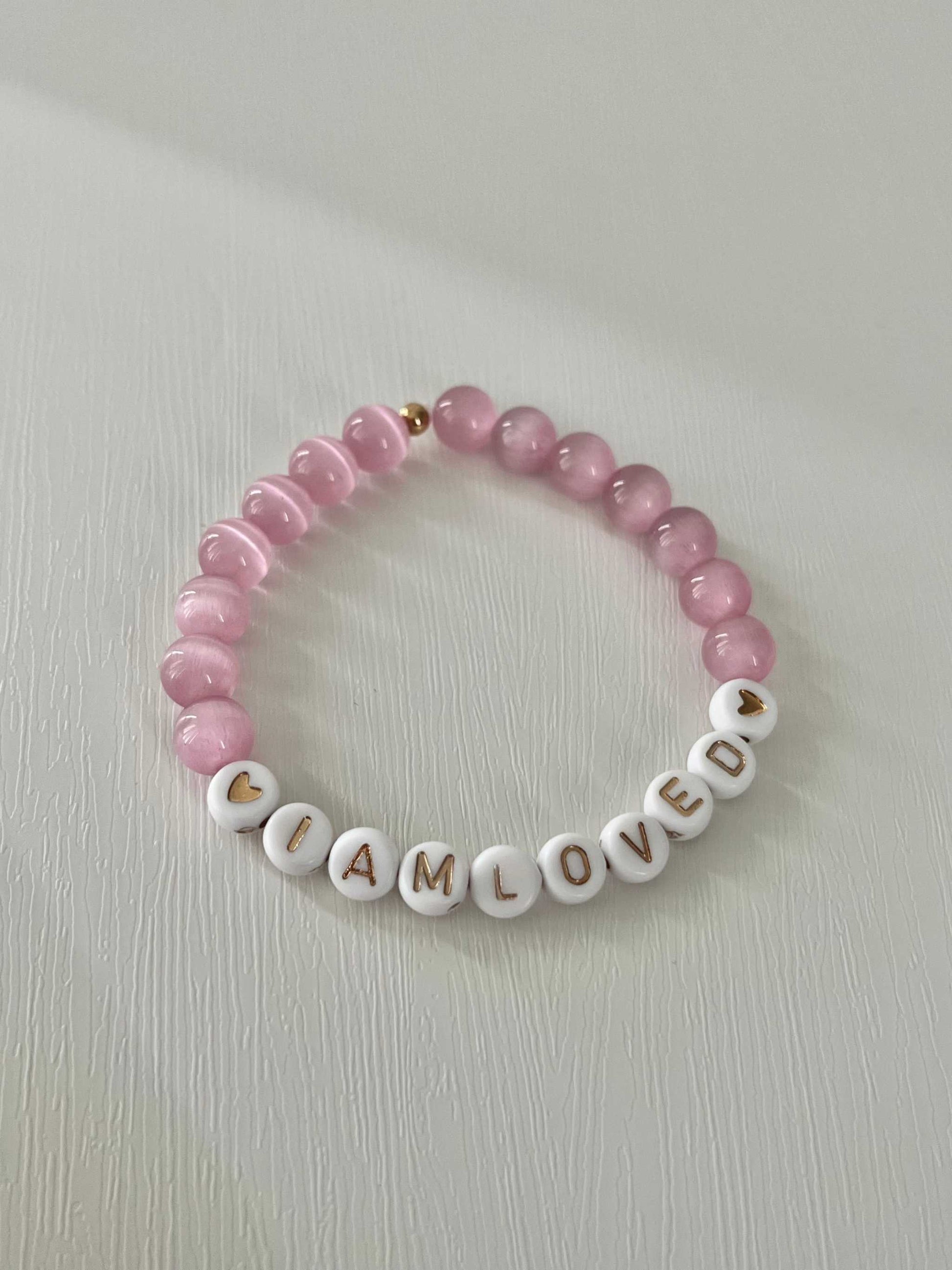 Pink opal and white faceted bead bracelet, I AM LOVED faith jewelry.