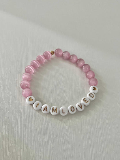 Pink opal and white faceted bead bracelet, I AM LOVED faith jewelry.
