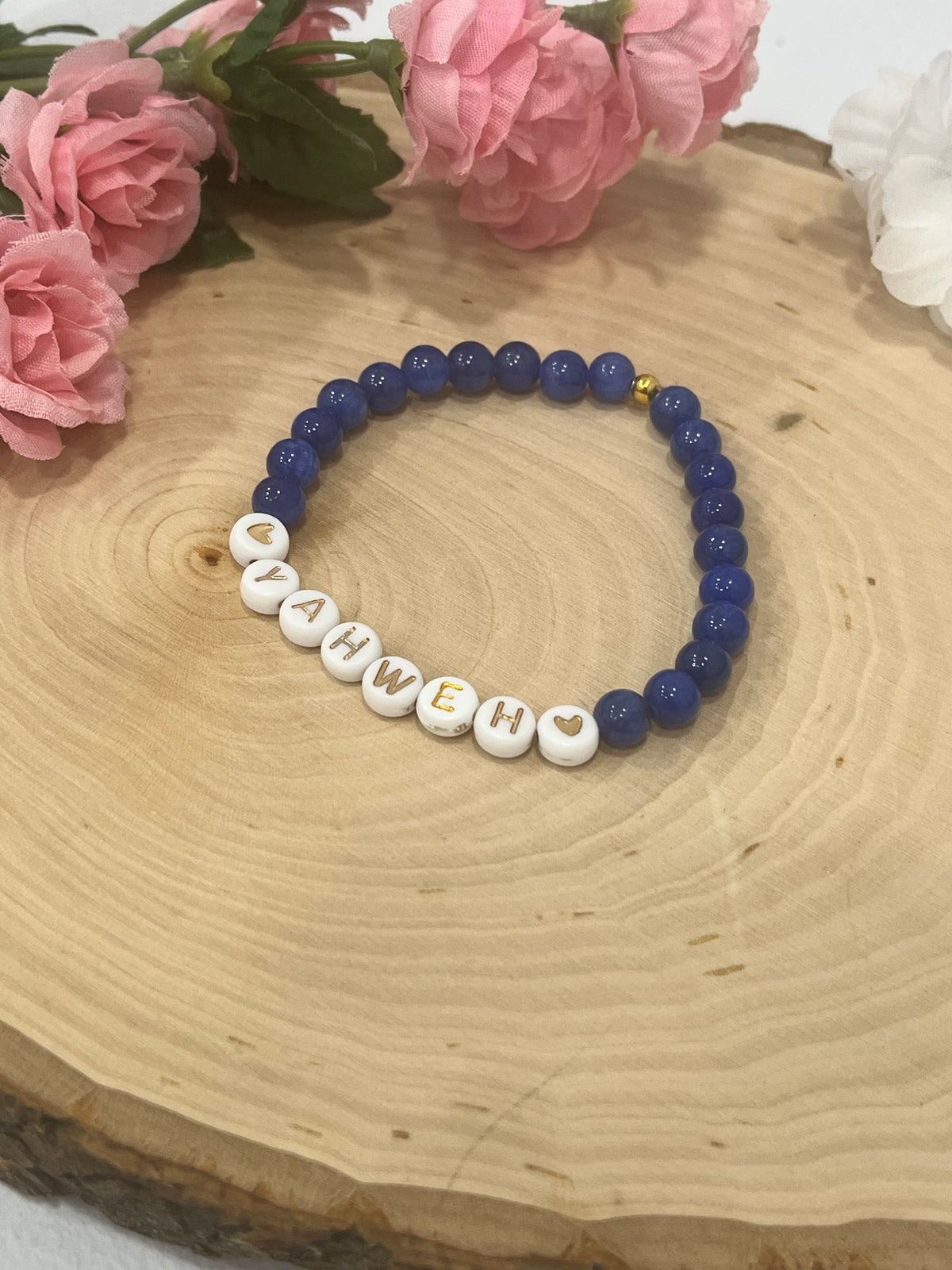 Yahweh blue stone marble bead bracelet Christian jewelry 
