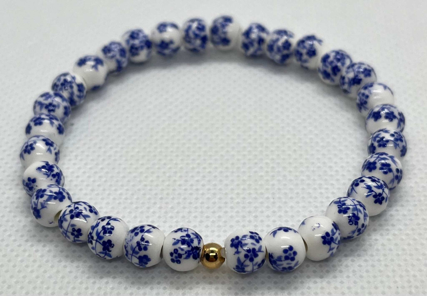 Beaded Bracelet with blue floral beads and stretchy fit, perfect for everyday wear


