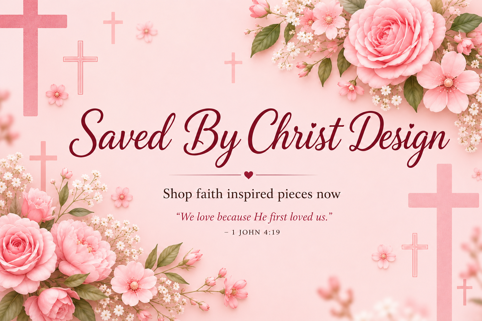 Saved By Christ Design Christian jewelry banner featuring handmade cross necklaces, bracelets, earrings, and faith-inspired gifts.