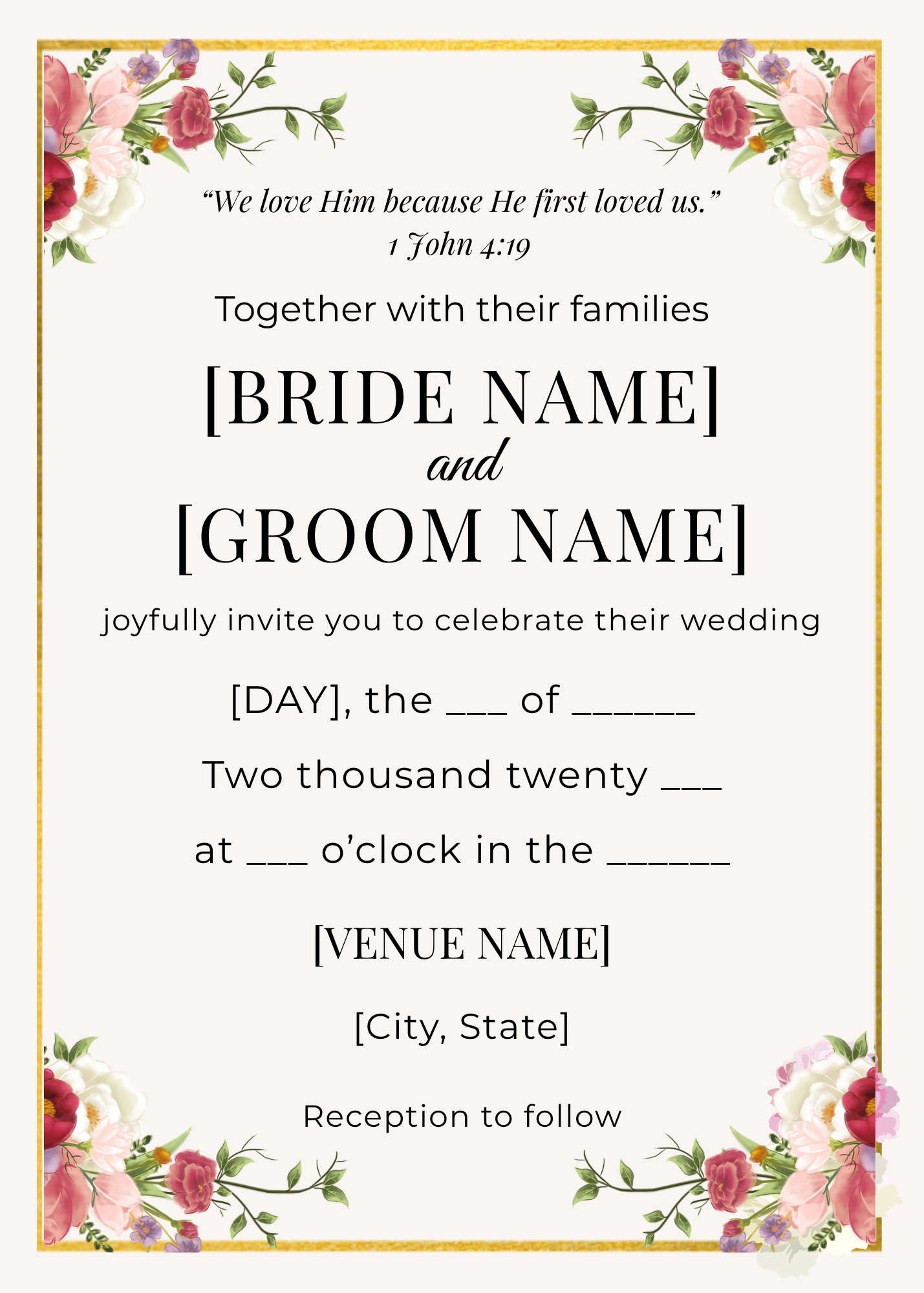 Christian wedding invitation template 1 John 4:19 editable digital invite