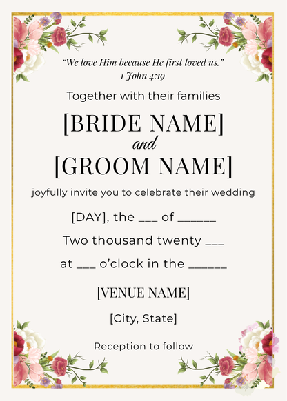Christian wedding invitation template 1 John 4:19 editable digital invite