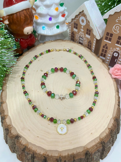 Christmas cross necklace and bracelet set with gold cross charms