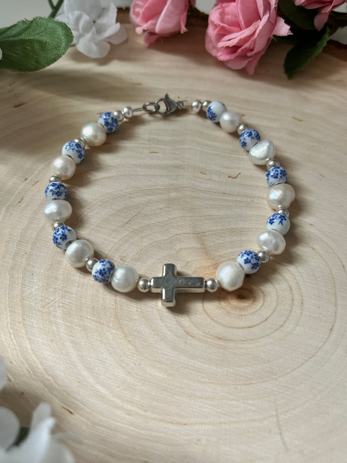 Floral Pearl Cross Bracelet – Christian Jewelry for Women