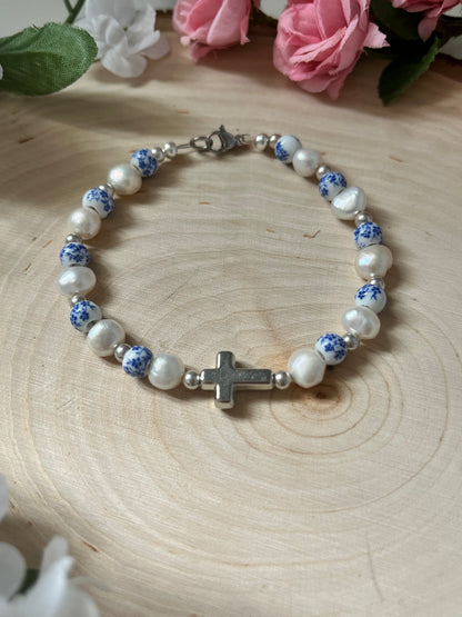 Floral Pearl Cross Bracelet – Christian Jewelry for Women