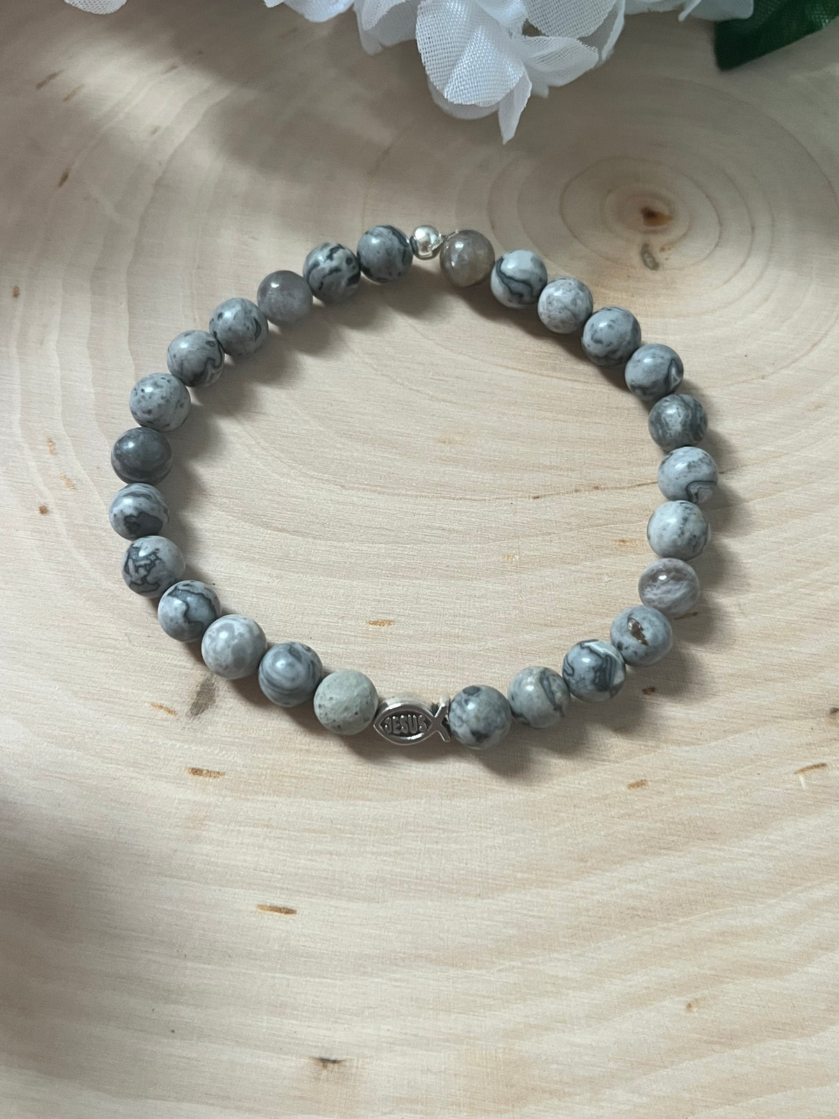 Gray Marble Jesus Fish Bead Bracelet - Spiritual Christian Jewelry