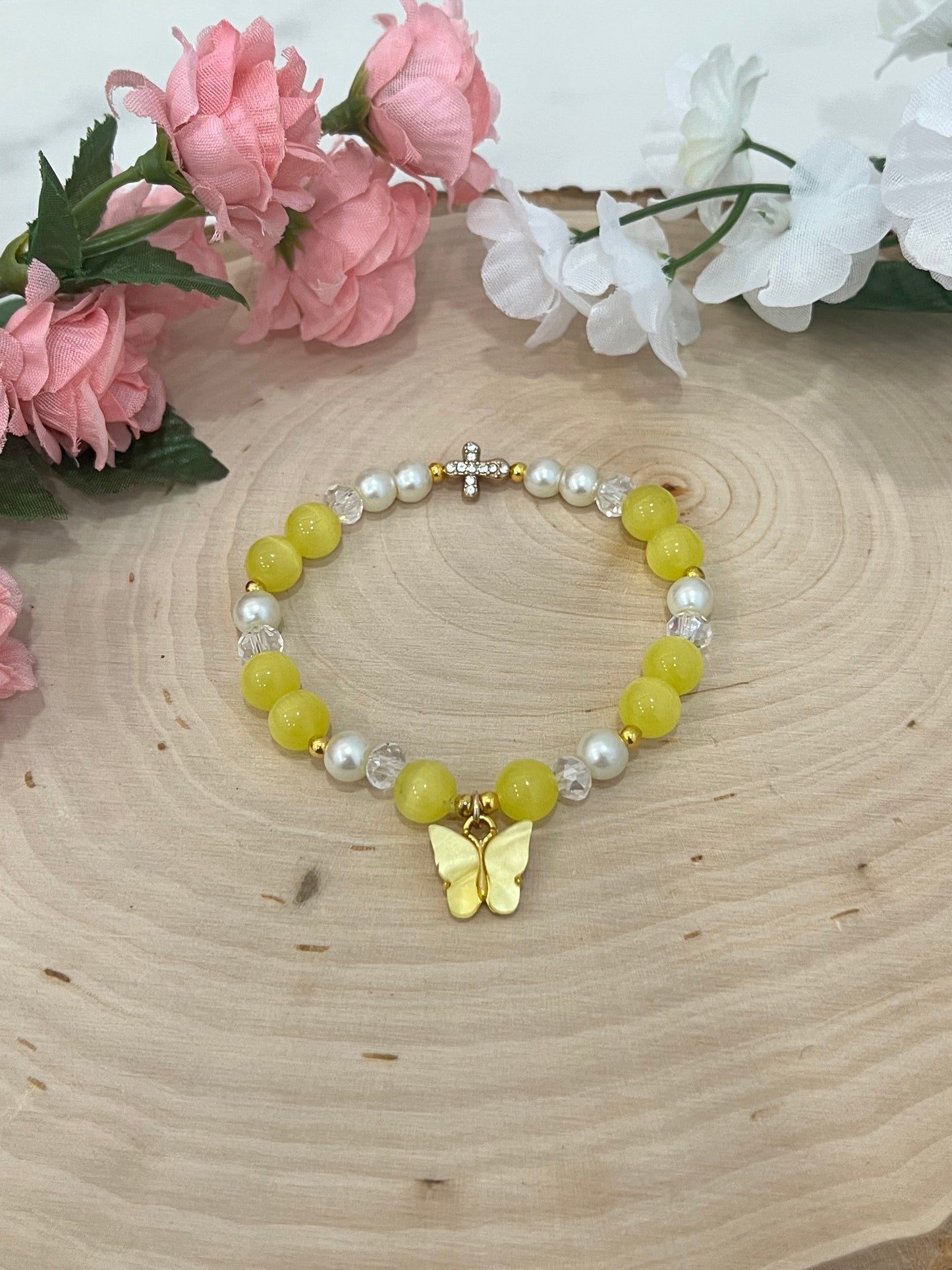 Christian Butterfly Cross Pearl Bead Bracelet for Women