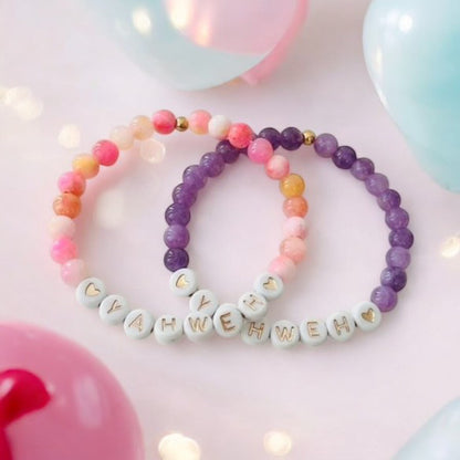 Bracelet en pierre de marbre multicolore rose ou violet YAHWEH