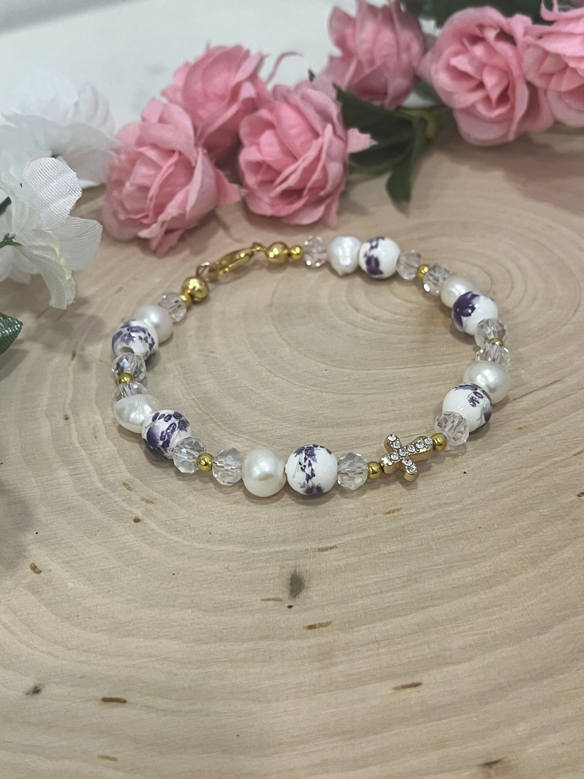 Handmade freshwater pearl floral cross bracelet on gold wire with crystal beads