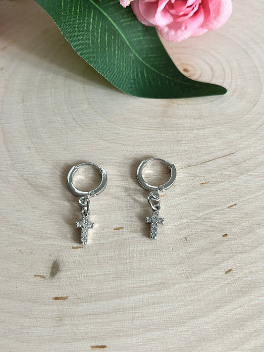 Silver Cross Huggie Hoop Earrings with Lever-Back Closure, 11x12mm Faith-Based Jewelry for Women