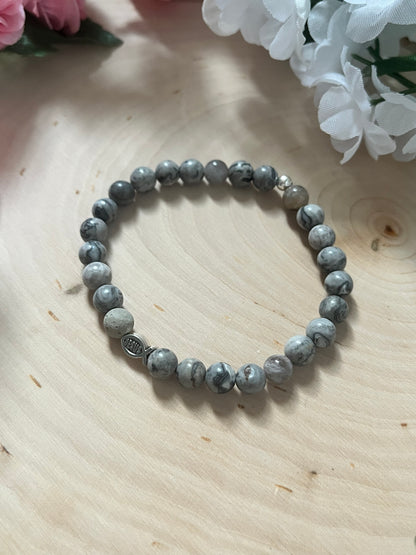 Gray Marble Jesus Fish Bead Bracelet - Spiritual Christian Jewelry
