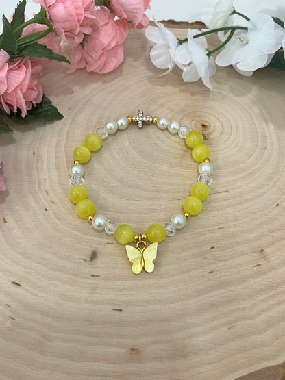 Christian Butterfly Cross Pearl Bead Bracelet for Women