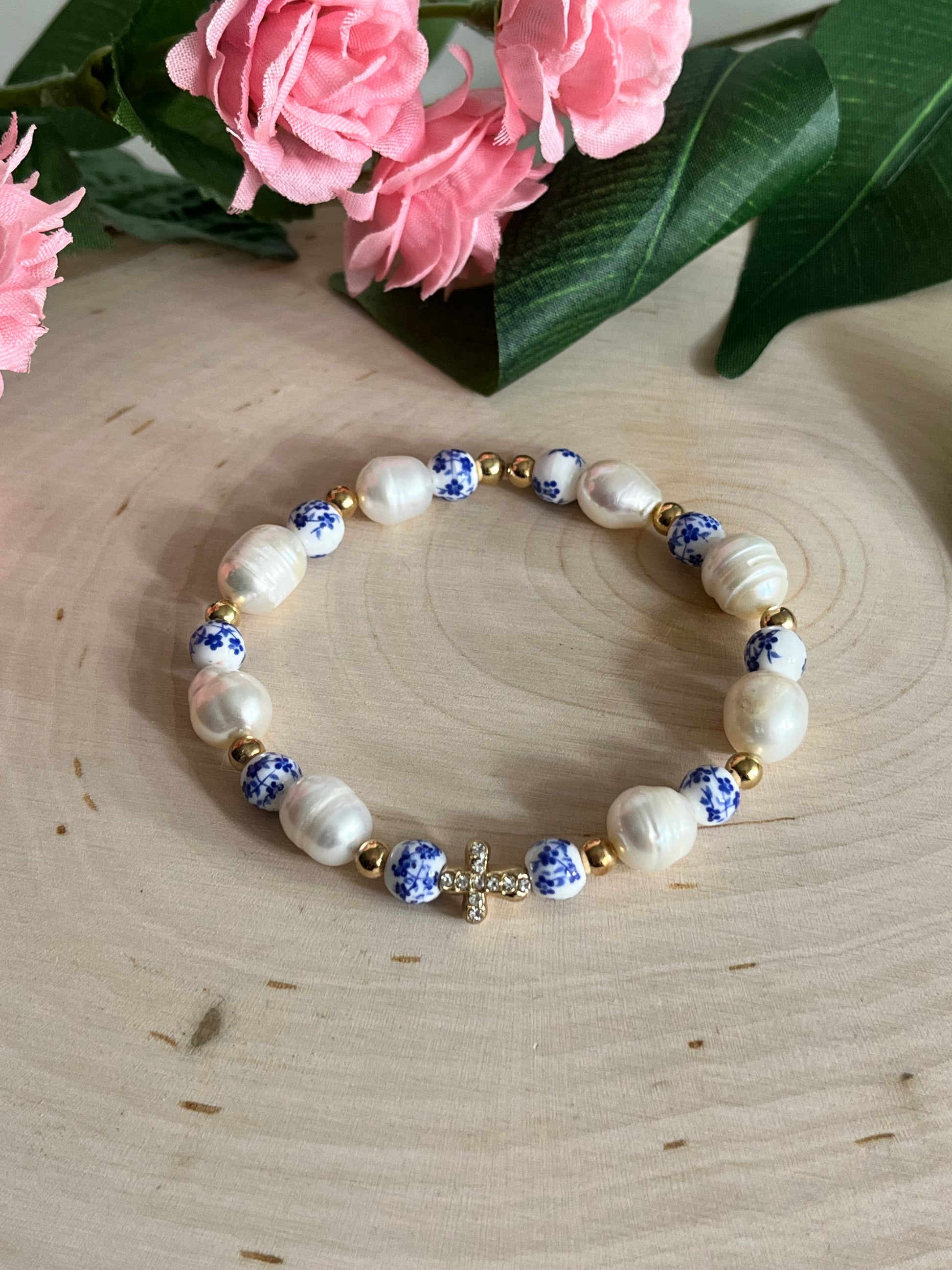 Floral Pearl Cross Bracelet with Gold Charm – Christian Jewelry