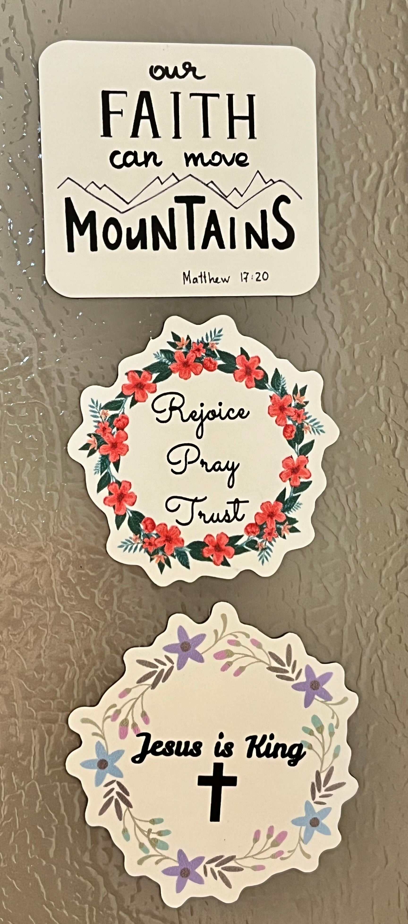 Set of inspiring Christian magnets, ideal for Christian home decor and daily encouragement.
