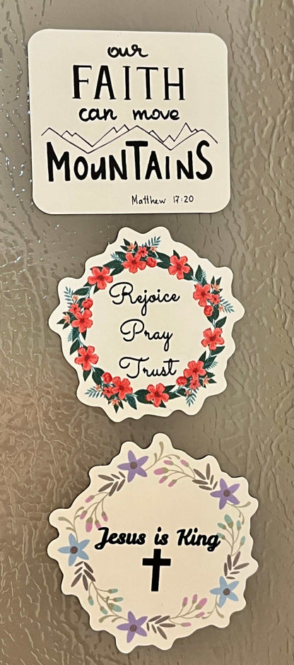 Set of inspiring Christian magnets, ideal for Christian home decor and daily encouragement.