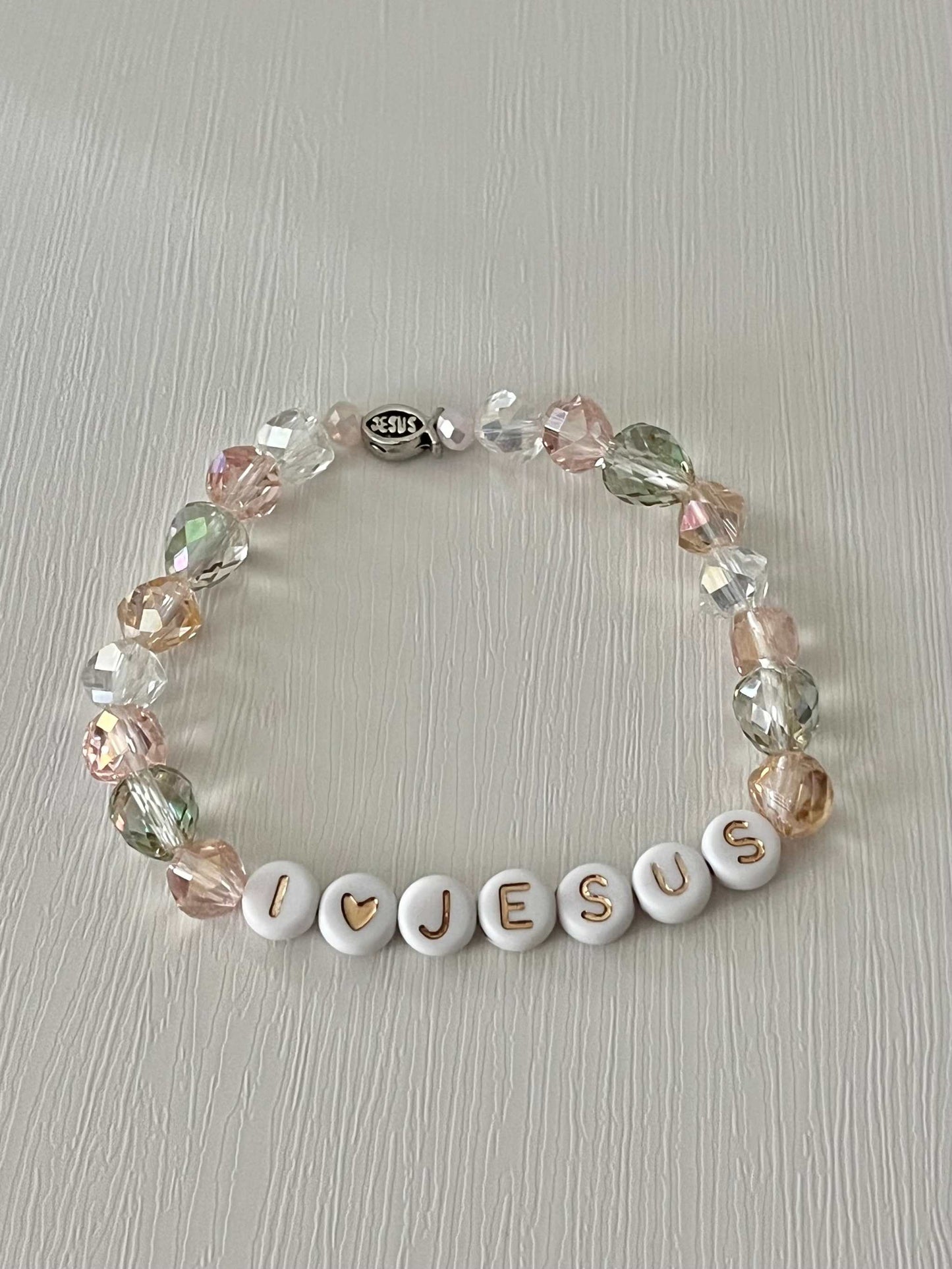 I Love Jesus bead bracelet with crystal beads – faith-inspired jewelry.

