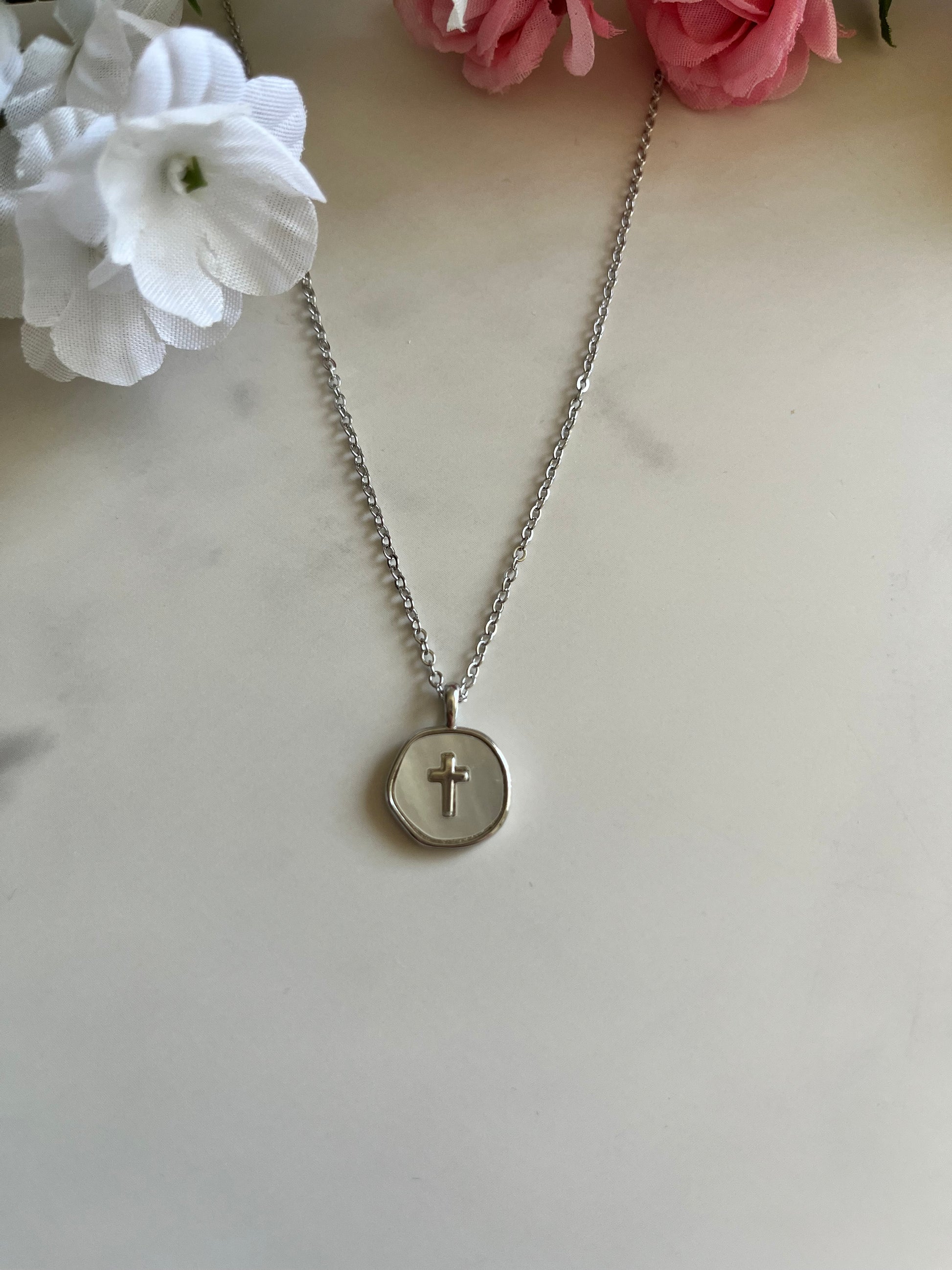 Pearl cross silver necklace with dainty pendant hypoallergenic Christian jewelry
