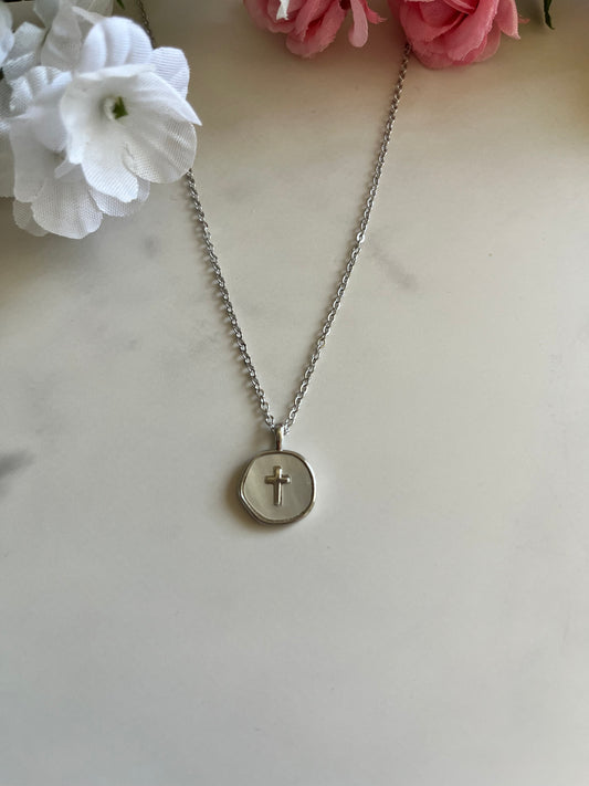Pearl cross silver necklace with dainty pendant hypoallergenic Christian jewelry
