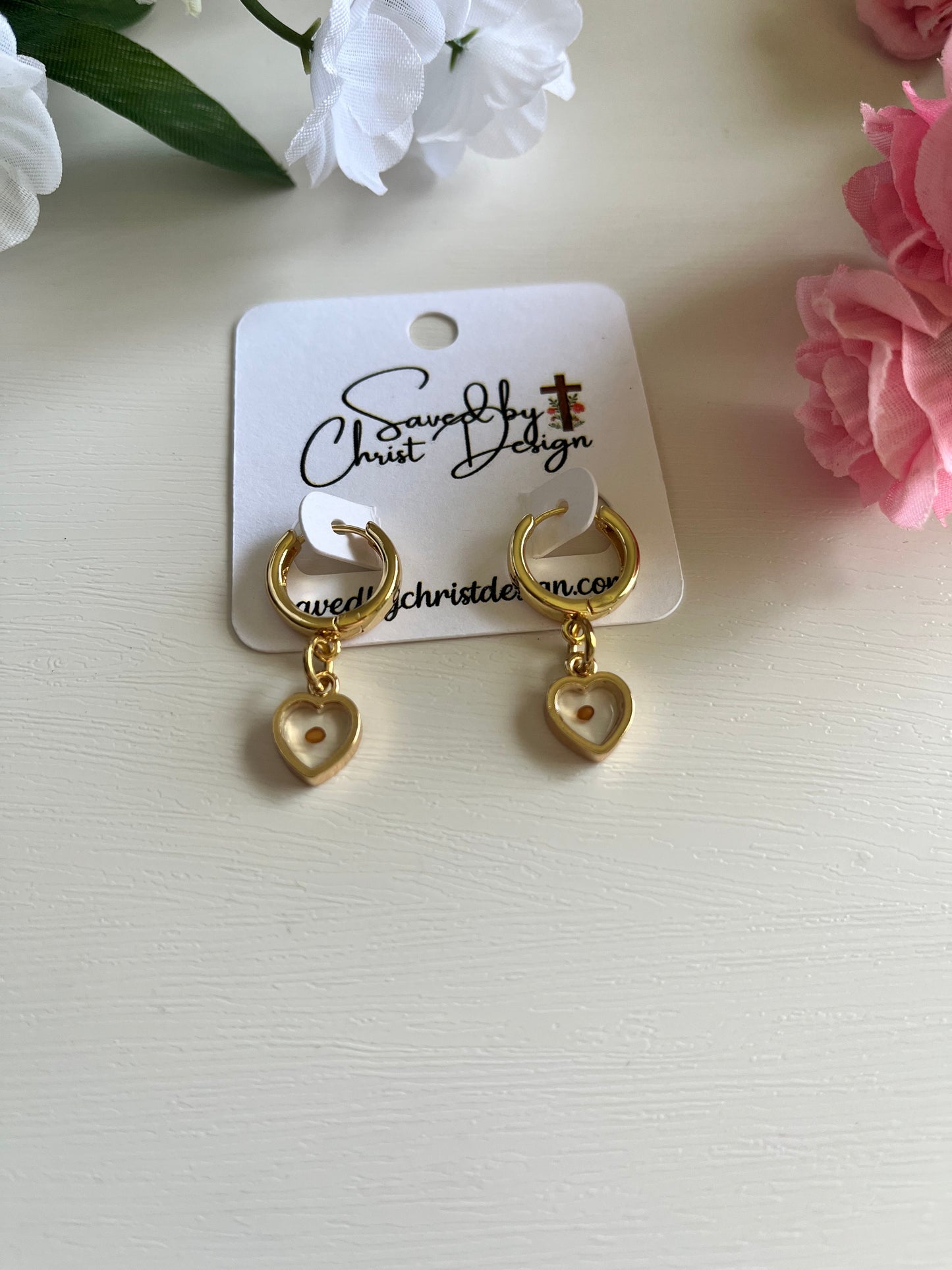 Mustard Seed Heart Huggie Earrings Christian jewelry with real mustard seed charm in gold or silver