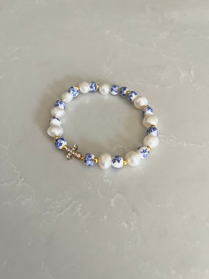 Floral Pearl Cross Bracelet – Christian Jewelry for Women