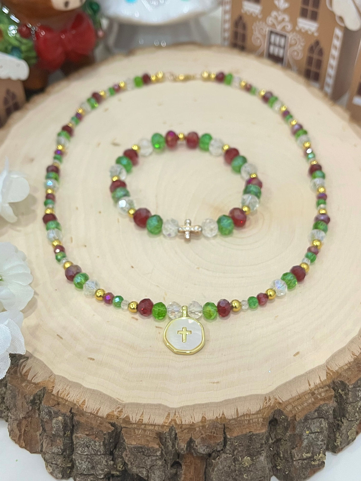Christmas cross necklace and bracelet set with gold cross charms