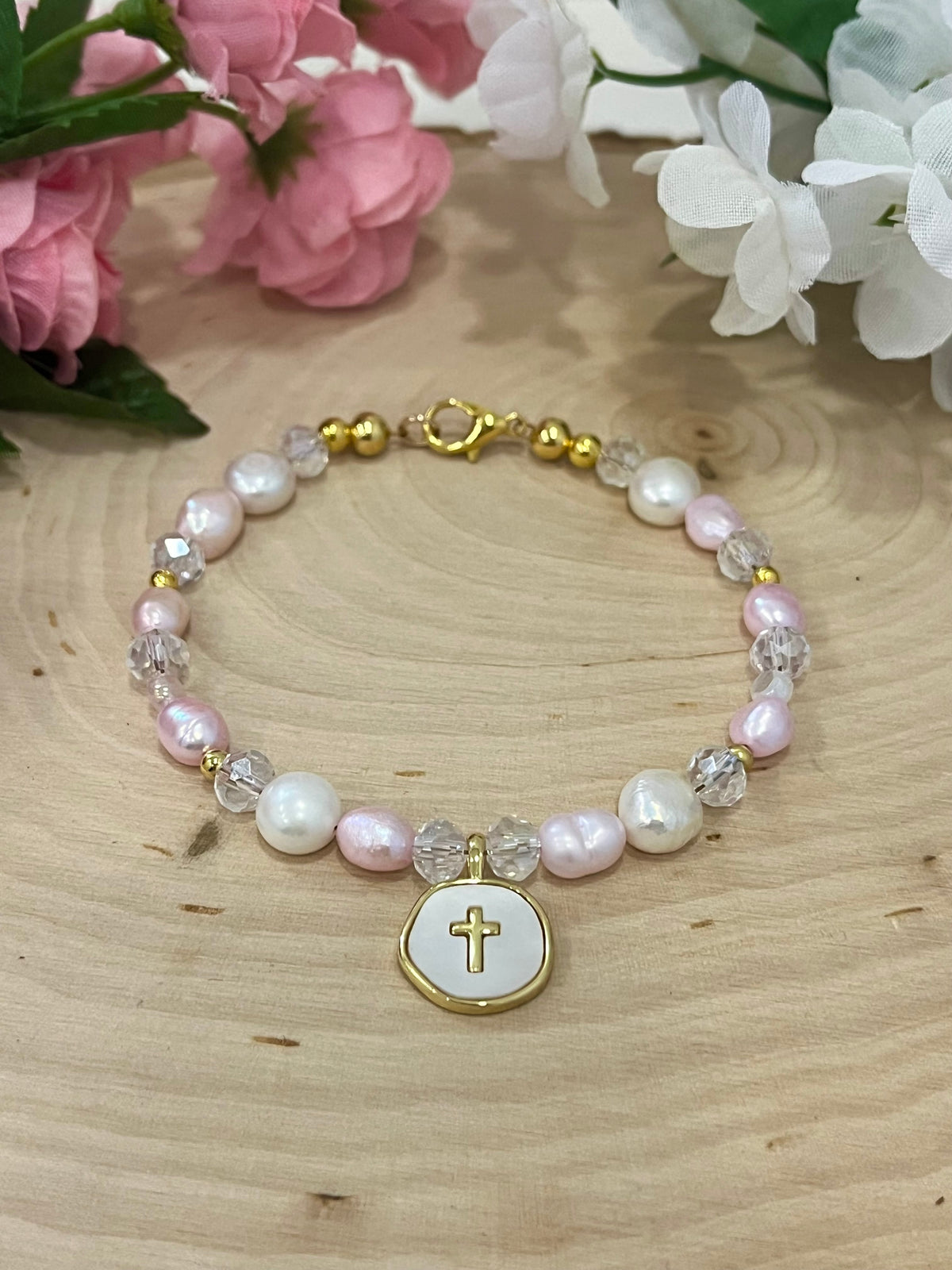 Pink white pearl gold cross bead bracelet Christian jewelry for women