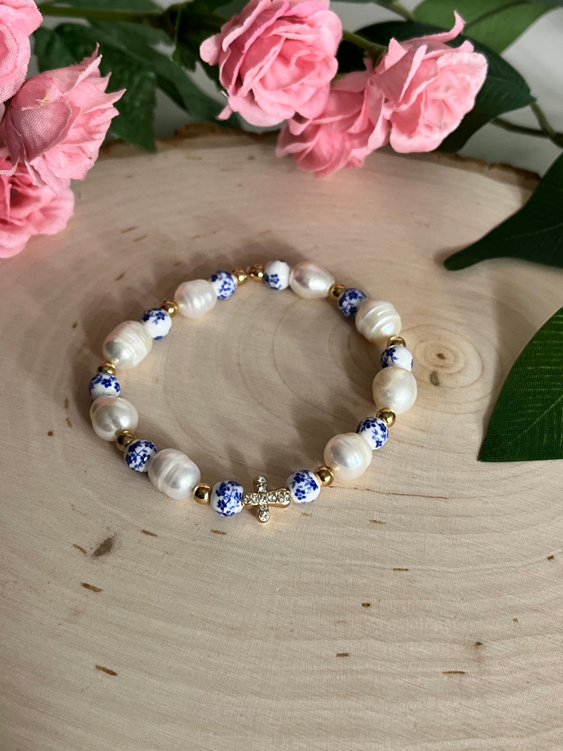 Floral Pearl Cross Bracelet with Gold Charm – Christian Jewelry